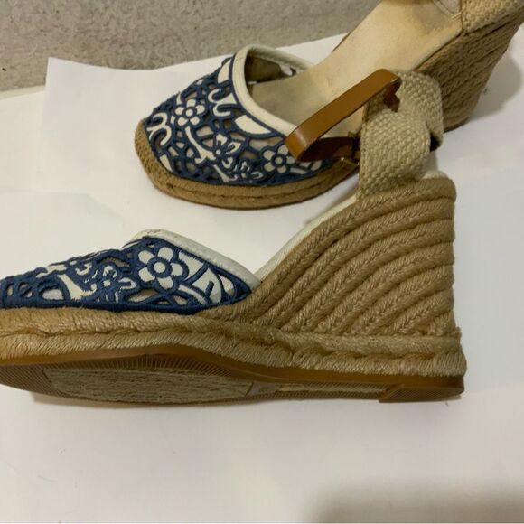 Tory Burch Lucia Lace Wedge Espadrille, Tory Navy white 8.5 M - Picture 10 of 11